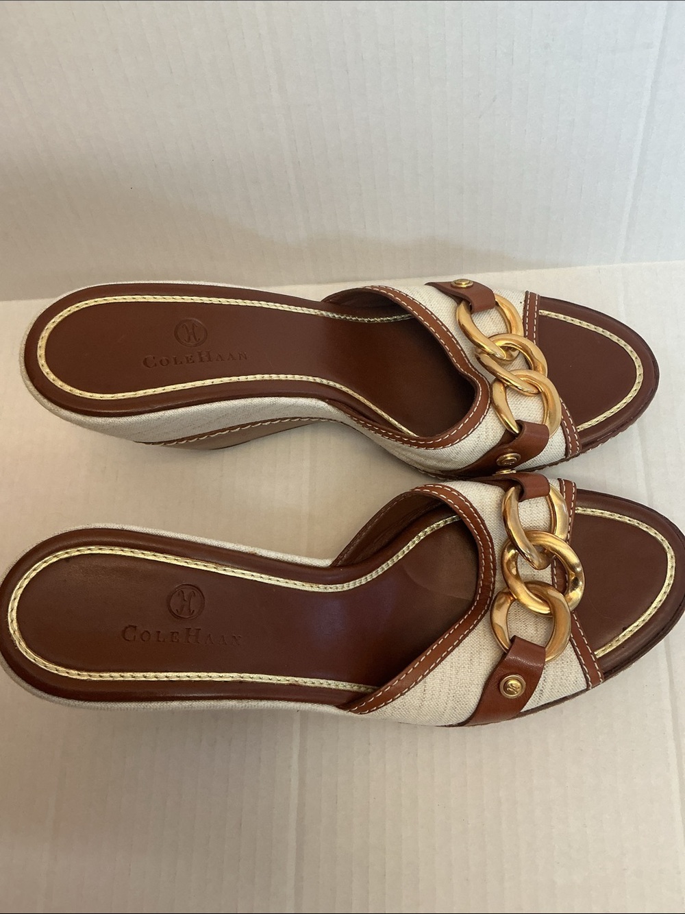 Cole Haan Brown and Cream Leather-Trim Slide Mules with Gold Chain Size 9.5B - Picture 5 of 6